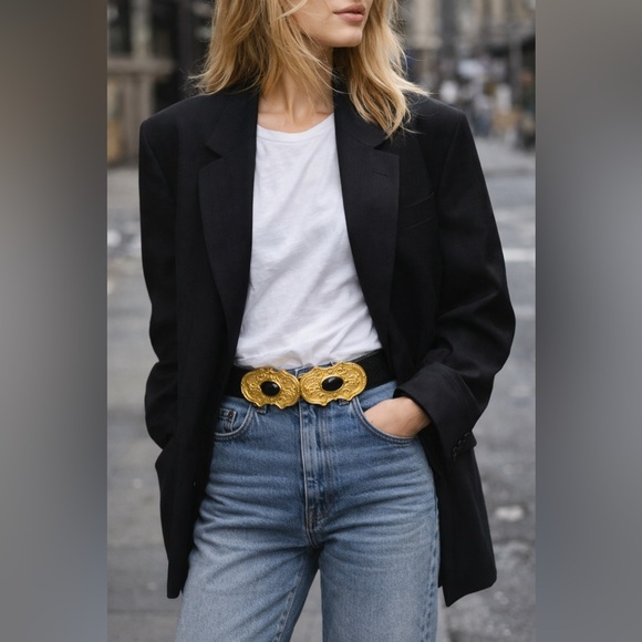 Vintage 1985 Gay Boyer Dover Belt Baroque Gold Buckle Black Lizard Embossed Belt - Picture 9 of 9